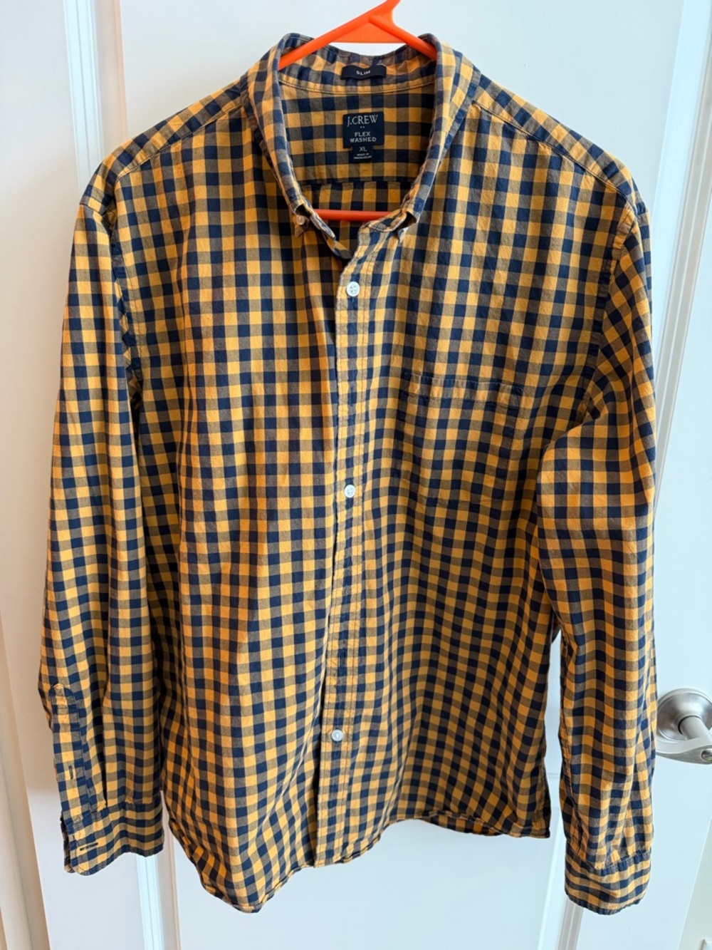 J. Crew Yellow and Navy Gingham Button-Down Shirt Slim Flex Washed Size XL